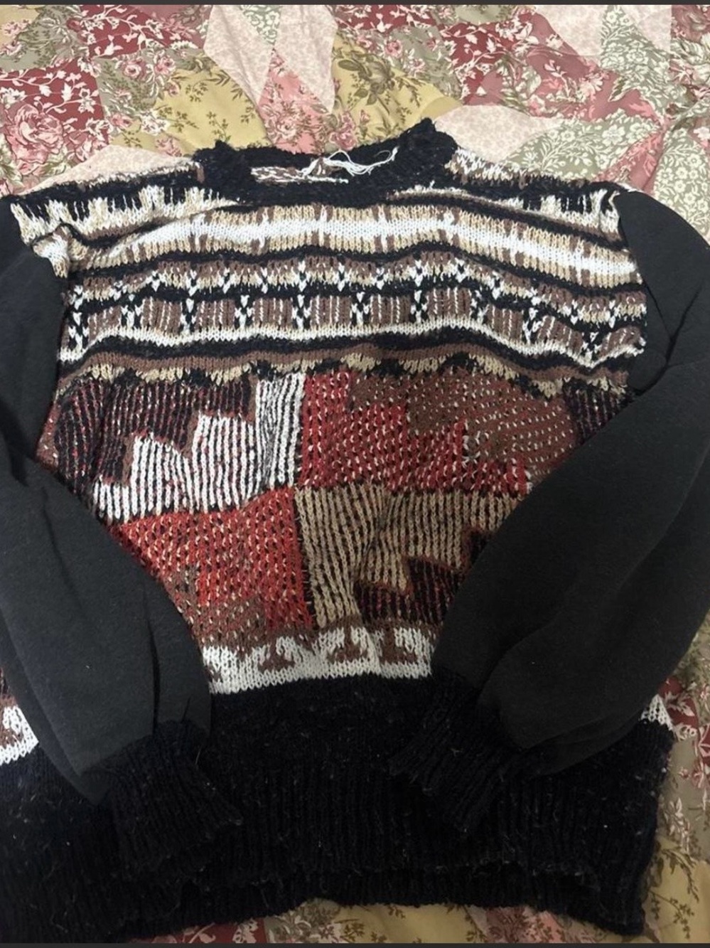 Buckle Multi-Color Patchwork Knit Crewneck Sweater
